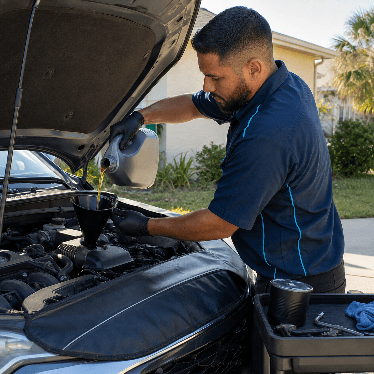 Technician servicing a vehicle under the hood